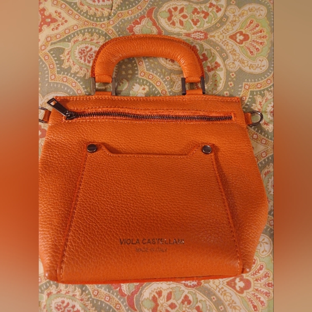 Viola Castellani Orange Italian Leather Handbag Tote Italy